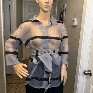 Jarbo belted organza blouse silver stripe Sz 1 NWT Retail: $ 438